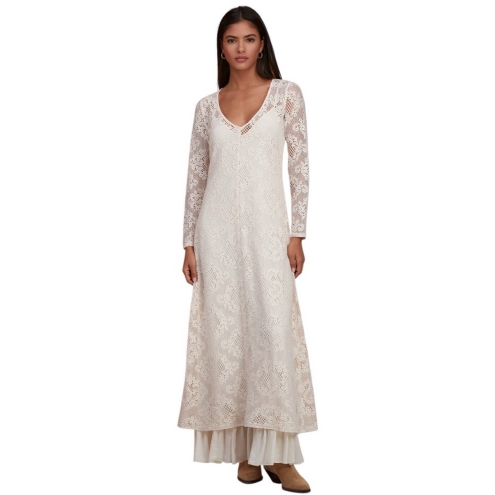 Johnny Was Cream Lace Long-Sleeve Maxi Dress